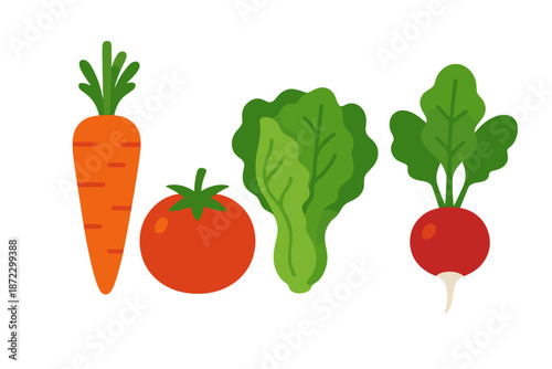 Fresh vegetables in a simple arrangement on a white background showcasing their colors and shapes