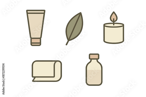 Collection of spa items including creams, candles, and leaves in a simple design for relaxation and self-care