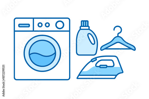 Washing machine, laundry detergent, hanger, and iron for home cleaning tasks displayed together in a simple layout
