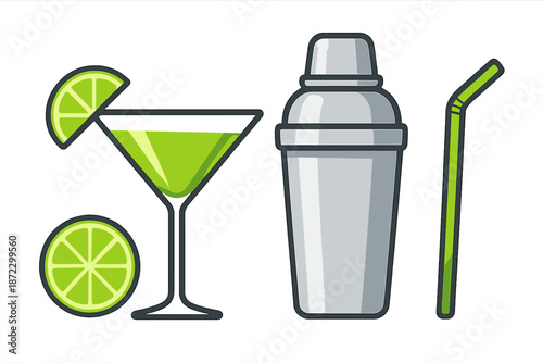 Green drink with lime on a glass next to a shaker and straw in a bright setting during an evening celebration