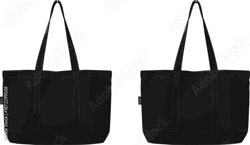 Black fabric tote bag mockup set with handles for shopping branding and everyday use isolated on white background vector illustration