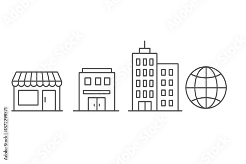 Line art showing various buildings and a globe representing city life and global connection