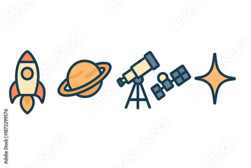 Exploration of space with rockets, planets, telescopes, and stars in a colorful design