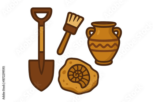 Collection of tools and artifacts used for excavation and studying fossils from a historical site