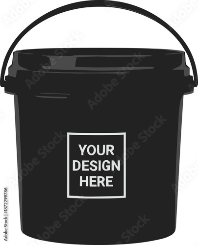 Black plastic paint bucket mockup with handle and custom label isolated on white background industrial packaging vector illustration