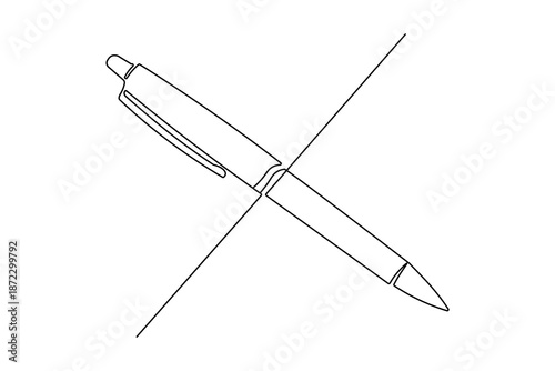 Minimalist continuous one line drawing of a ball pen creating a smooth line on white background, ideal for writing, creativity, education, and office concept designs