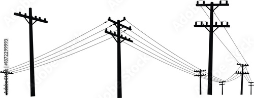 Flat vector silhouette, utility poles with power lines, electricity distribution network, energy infrastructure, electrical grid, voltage transmission, industrial design illustration