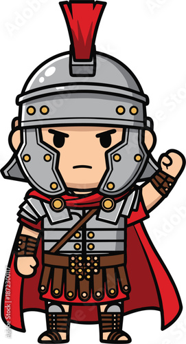 Cartoon Roman soldier in armor with a red plume helmet and cape warrior ancient Rome