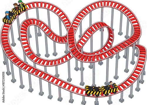 Cartoon Roller Coaster with People Riding on White Background Keywords: roller coaster, amusement park, ride, attraction, fun