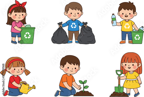 Children participating in environmental activities like recycling and planting kids