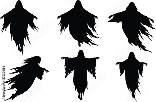 Ghost silhouette figures, haunted spirit shapes, spooky Halloween vector illustration for horror and supernatural design projects