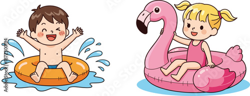 Children playing in water with inflatable toys on a white background kids girl