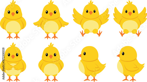 Collection of Eight Cute Yellow Chicks in Various Poses on White Background Keywords: chicks, chickens, birds, baby animals