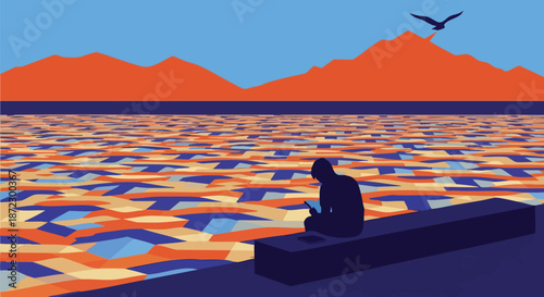 Lone figure silhouetted on a bench using a smartphone with a colorful abstract sea and mountains in the background