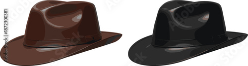 Classic fedora hat set in brown and black colors isolated on white background elegant fashion accessory vector illustration
