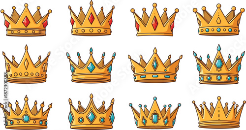 Collection of twelve ornate golden crowns with colorful gemstones Keywords: crown, gold, golden, royal, royalty, king, queen