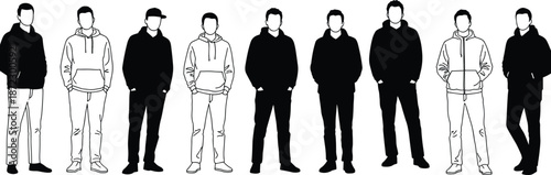 Group of people silhouette illustration, casual hoodie fashion design, black and white artwork, urban streetwear style, modern character collection