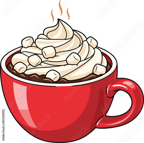 Red mug filled with hot chocolate topped with whipped cream and marshmallows Keywords: hot chocolate, cocoa, mug, red, whipped