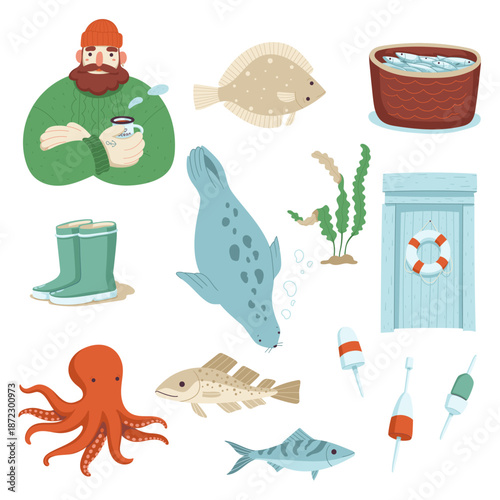 Ocean coastal life vector set. Sticker collection with fisherman elements, nautical equipment, and maritime lifestyle details.
