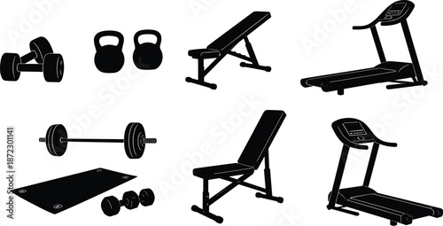 Gym equipment silhouettes, fitness icons, workout gear, strength training, cardio exercise, dumbbells, kettlebells, treadmill, weight bench, barbell, vector illustration