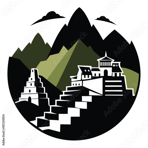 Silhouette Vector Illustration of Ancient Incan Ruins in the Andes Mountains