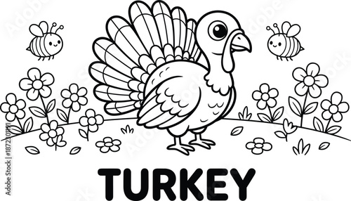 PrintCute cartoon turkey in flower field with bees vector line art for kids coloring book, Thanksgiving autumn preschool education activity
