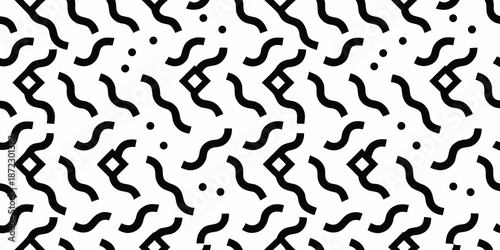 Abstract black and white pattern with wavy lines and scattered dots