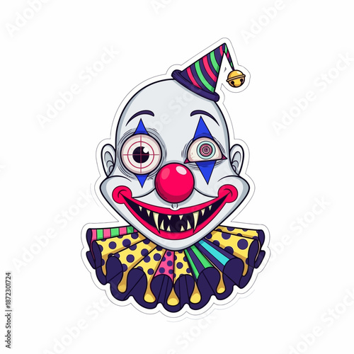 A cute cartoon illustration of a happy clown fish vector character and a funny monster clown head with an evil vampire tooth smile for a fun Halloween art design