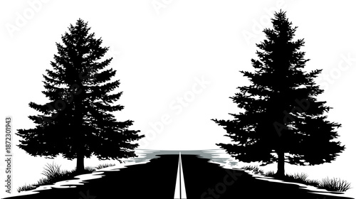 Black and white silhouette of a straight road with tall coniferous trees on either side, symbolizing journey, nature, and travel.