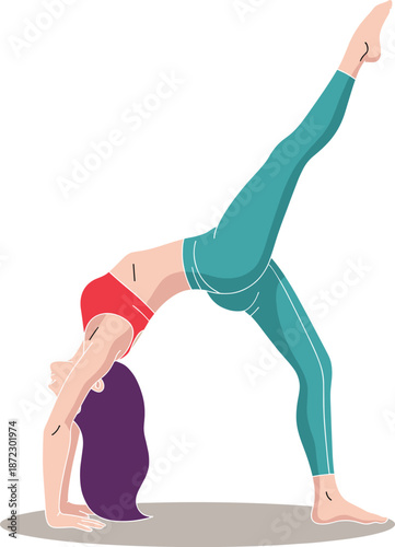 Young woman practicing advanced one legged wheel pose yoga for flexibility training physical fitness and healthy lifestyle concept