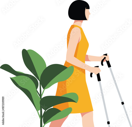 Young woman practicing nordic walking with poles in a park for outdoor fitness and healthy lifestyle vector illustration