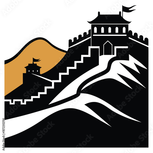 Silhouette Vector Illustration of a Historic Defensive Wall on a Mountain Ridge
