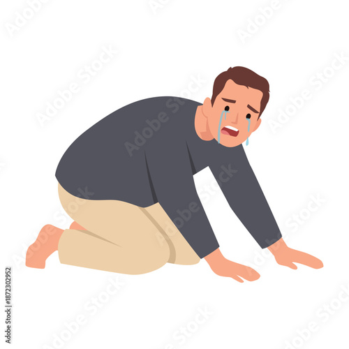 Depressed Man Crying on the Floor. Flat vector illustration isolated on white background