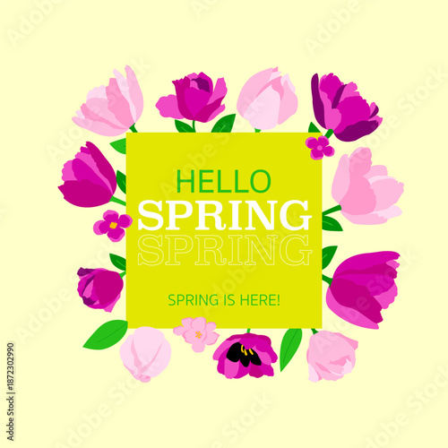 Hello Spring Pink Flowers Banner