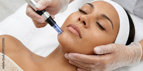Professional Cosmetologist performing needle mesotherapy and microneedling rejuvenation treatment. Facial hardware cosmetology treatment for skin care