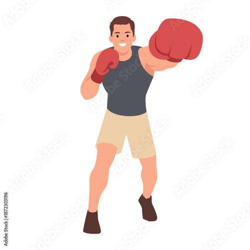 Male boxer wearing red boxing gloves, throwing a powerful punch, representing combat sports. Flat vector illustration isolated on white background