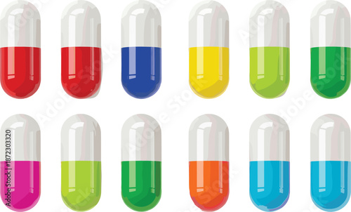 Colorful medicine capsules set with transparent shells and vibrant fillings isolated on white background pharmaceutical vector illustration