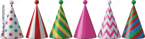 Colorful party hats collection with stripes dots and zigzag patterns isolated on white background festive vector illustration