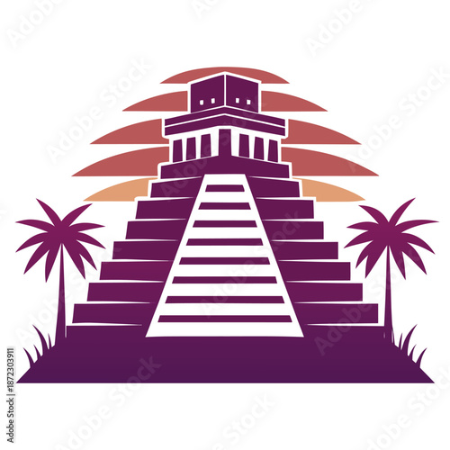 Ancient Mayan Chichen Itza Pyramid Silhouette Vector Illustration of Mexico