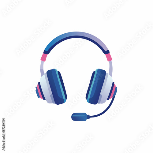 Modern blue and pink headphones with a microphone, representing audio, music, and communication, on an isolated white background