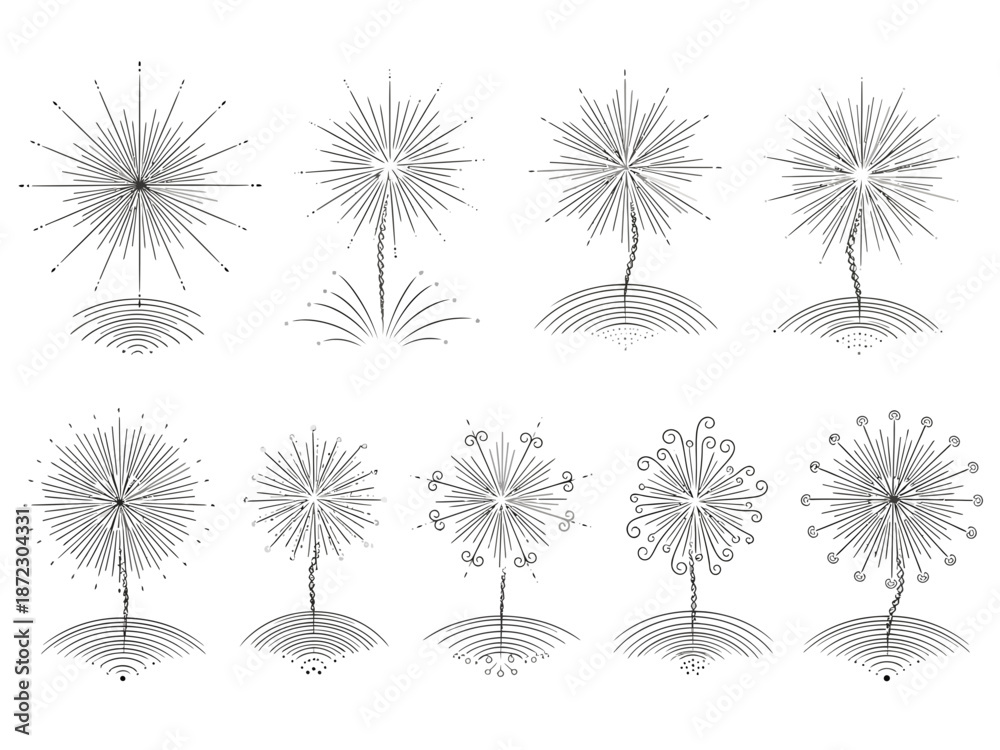 Obraz premium Set of dandelion line art illustrations