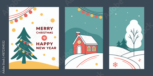 Obraz na płótnie Collection of three vertical christmas and new year greeting card designs featur