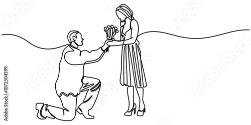 man proposing to his girlfriend continuous one line drawing, one line drawing of man proposing beautiful woman with a ring, outline illustration. 