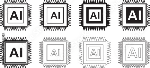 Six black and white AI microchip icon bundle filled and outline styles flat vector art isolated on a white background. AI chip icons with varying line weights and styles line technology circuit.