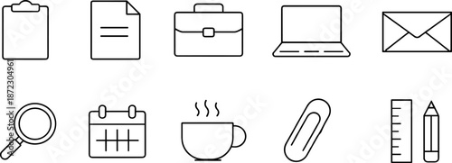 Office and work icons set. Documents, stationery, planning, productivity and business workspace outline symbols