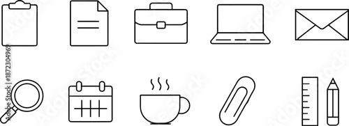 Office and work icons set. Documents, stationery, planning, productivity and business workspace outline symbols