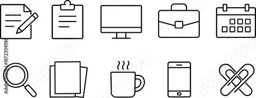 Office and work icons set. Documents, stationery, planning, productivity and business workspace outline symbols
