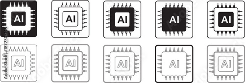 Ten AI microchip icon set in black and white  filled and line art or outline style flat vector isolated on a white background.