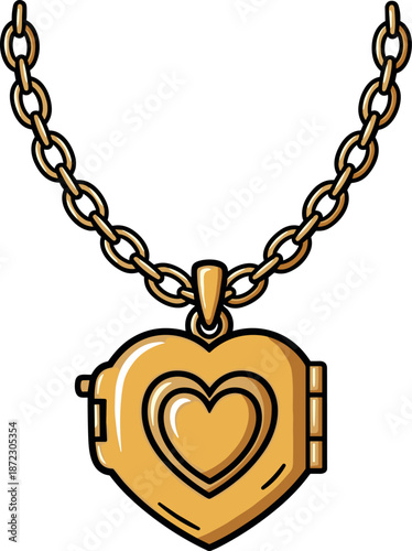 A gold heart-shaped locket pendant hanging from a chain on transparent background