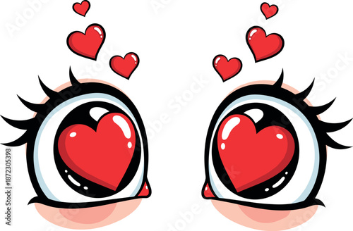 A pair of cartoon eyes with heart-shaped pupils expressing love and affection on transparent background